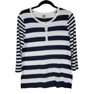 Anne Klein White Navy Striped 3/4 sleeve Top Sz Large